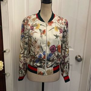 Floral Print Satin Bomber Jacket in Cream